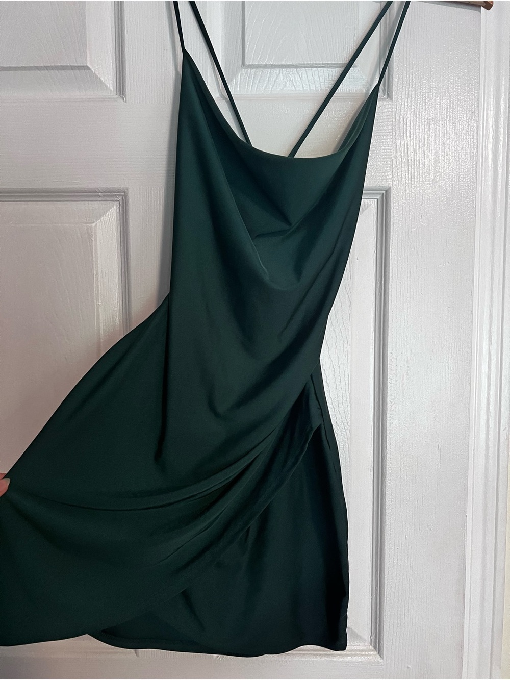 Forest Green Cowl Slip Mini Dress with Spaghetti Straps